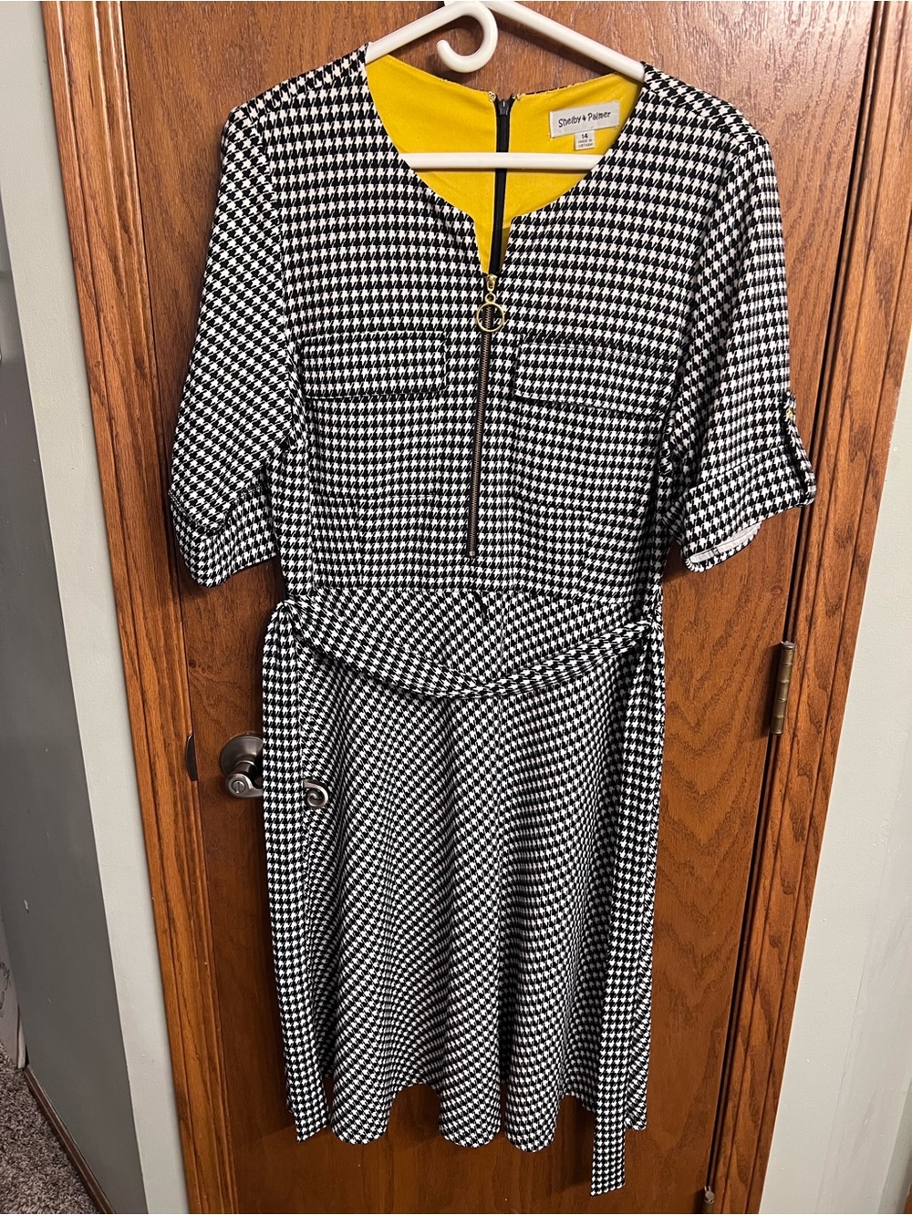 Shelby & Palmer Black and White Houndstooth Dress with Yellow Neckline